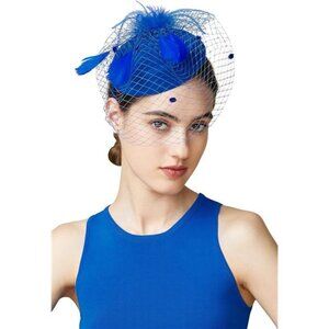 Hat Veil Feather Fascinators Hair Clip Blue